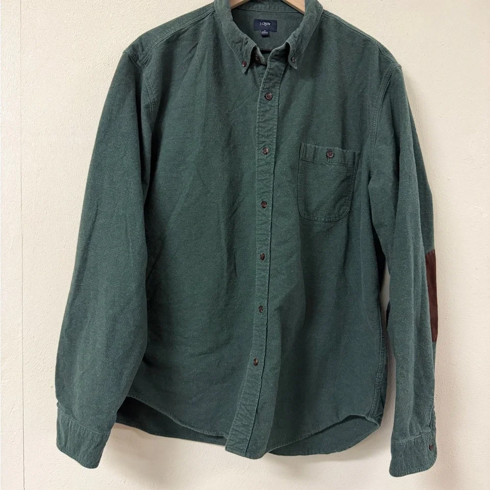 J. Crew Green Button-Down Flannel Shirt with Brown Elbow Patches